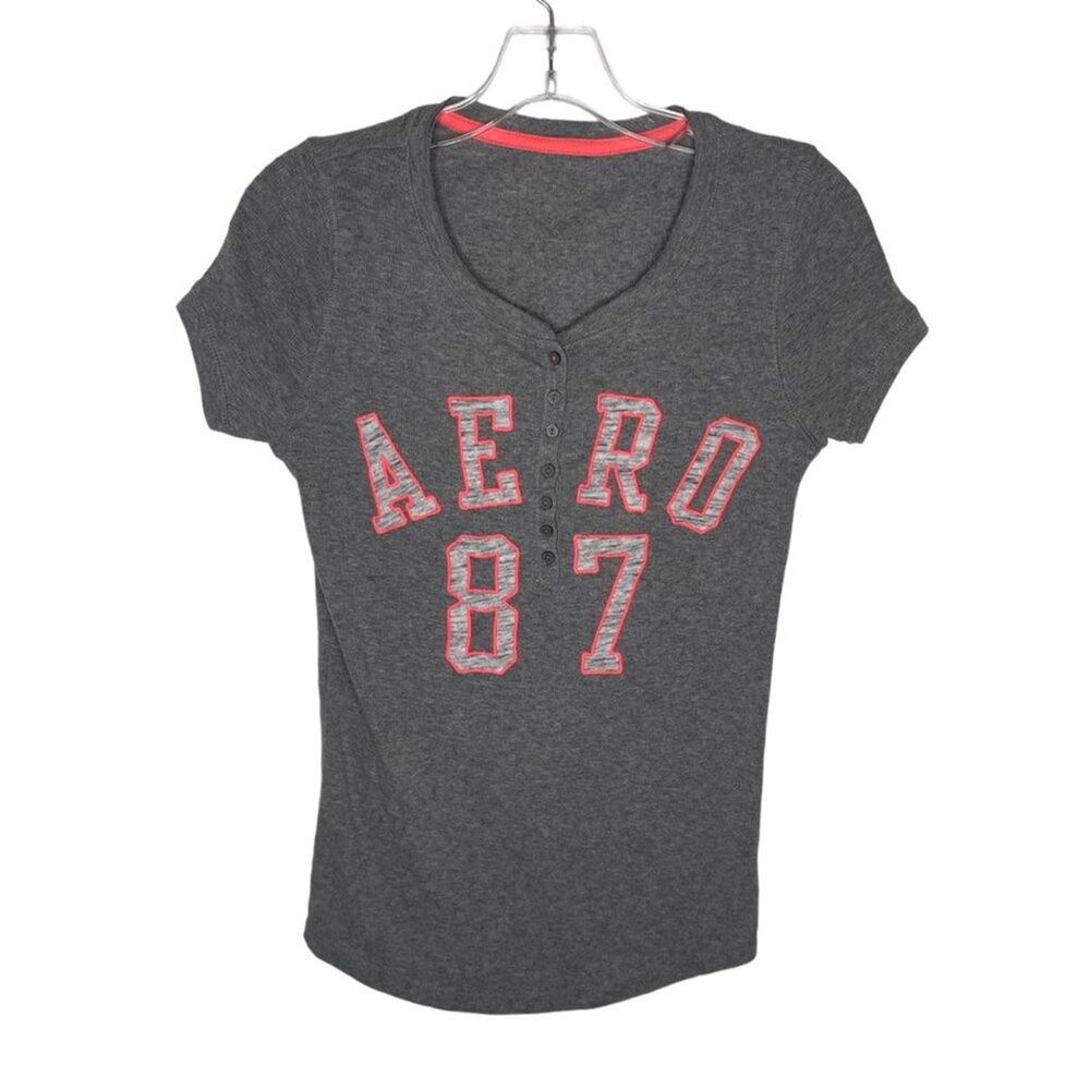 Aeropostale Womens Top Size L Y2K Light Gray Short Sleeve Pullover Casual